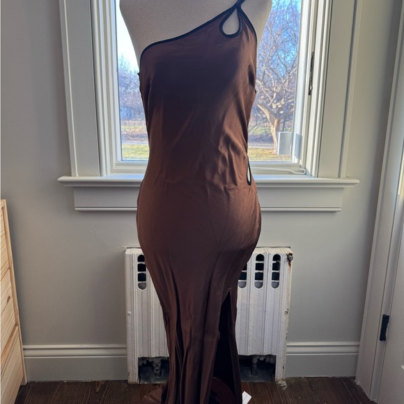 Bec + Bridge Brown One Shoulder Slit Cocktail Gown